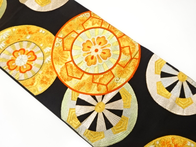 アンティーク　源氏車に花模様織り出し袋帯（着用可）